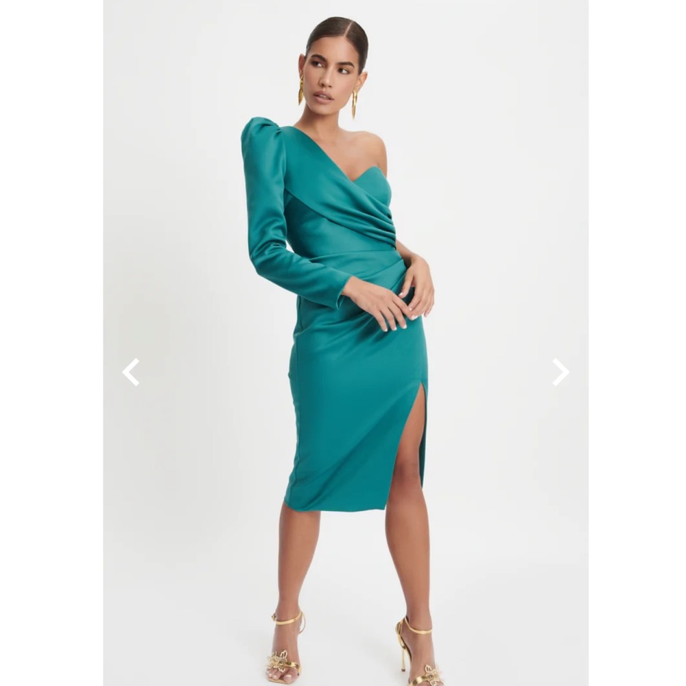 NEW SEASON Lavish Alice one shoulder bonded satin puff sleeve dress in emerald